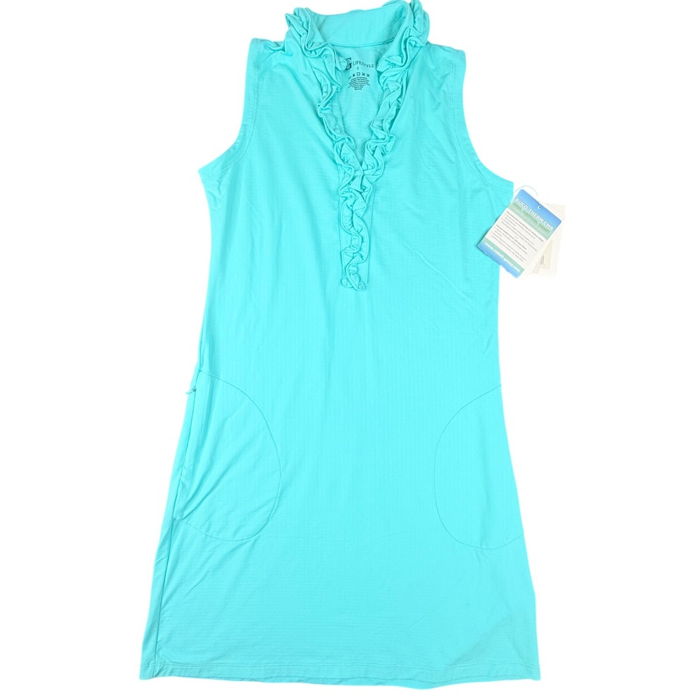G Lifestyle Womens Turquoise Ruffle Neck Sleeveless Golf Tennis Dress UPF 50 S